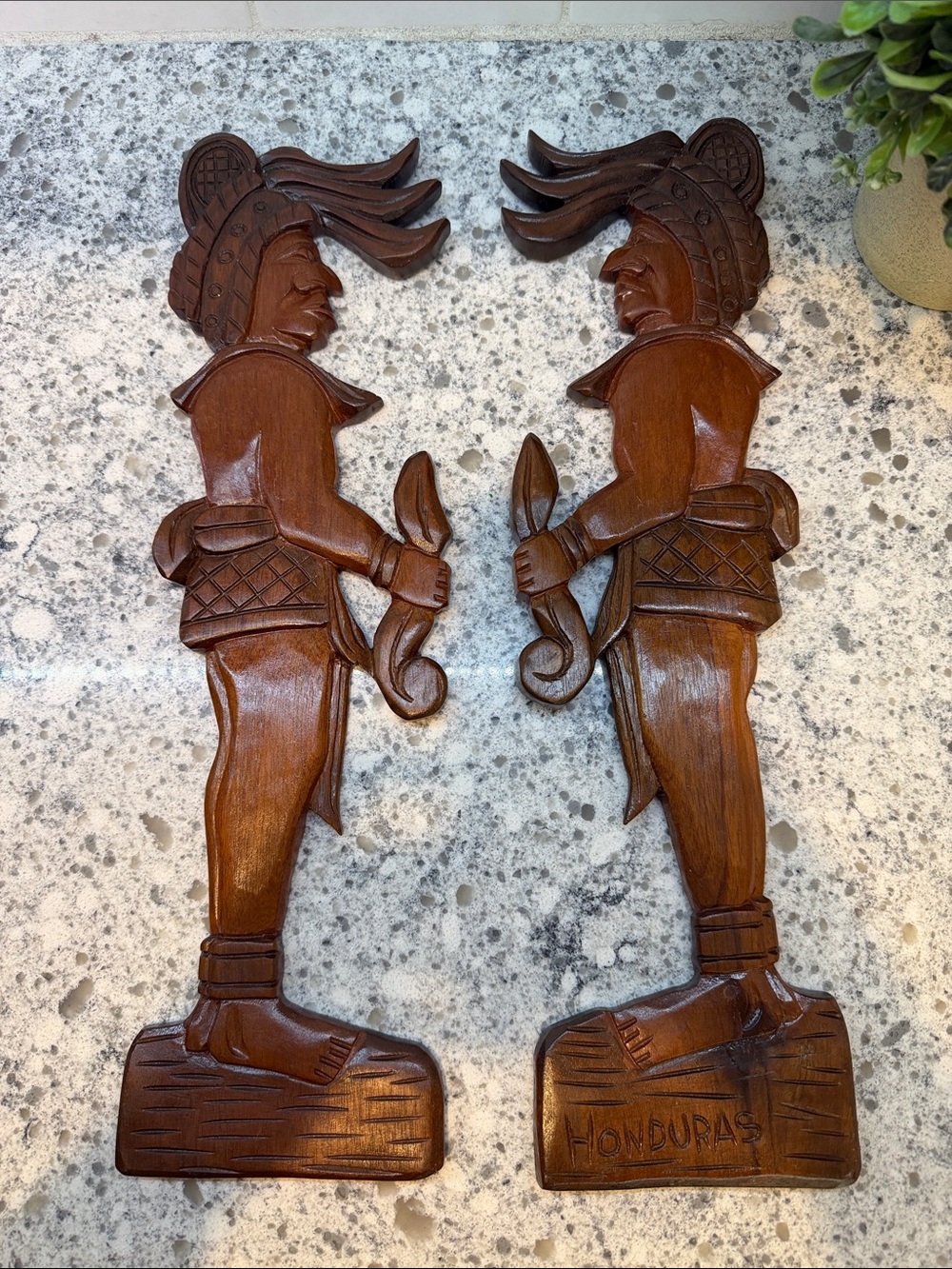 Vintage Hand-Carved Wooden Wall Plaques Pair - Brown Honduras Native Figures